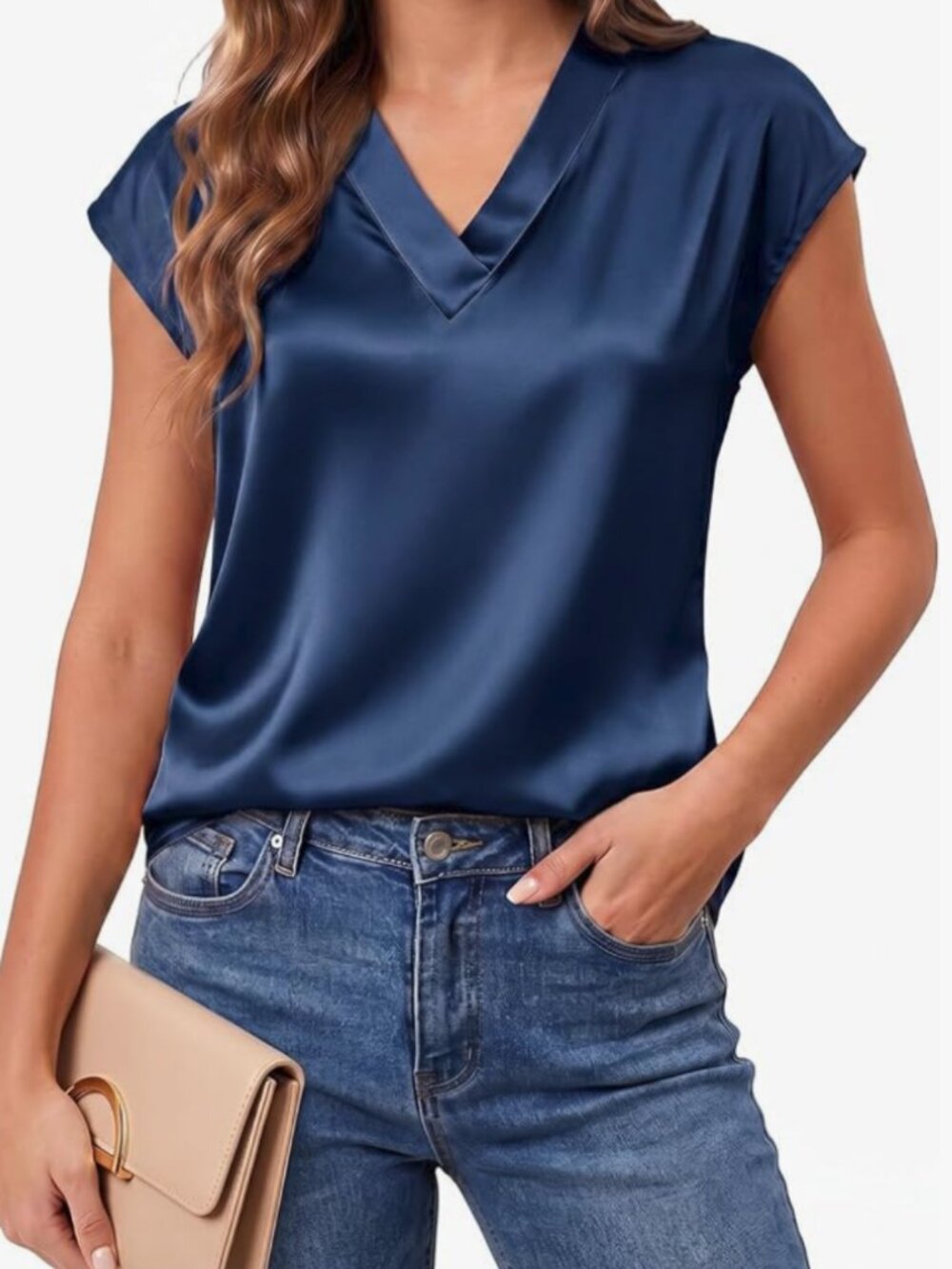 V Neck Short Cap Sleeve Satin Blouse